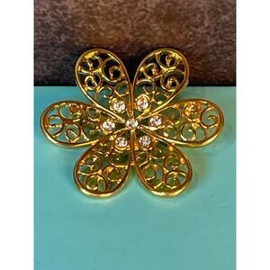 Vintage Trifari Gold Tone Filigree Flower Brooch with Rhinestones